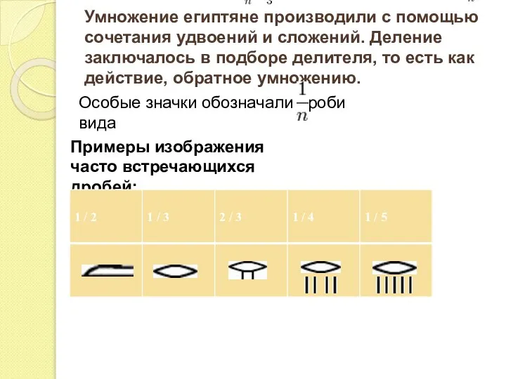 Умножение египтяне производили с помощью сочетания удвоений и сложений. Деление заключалось