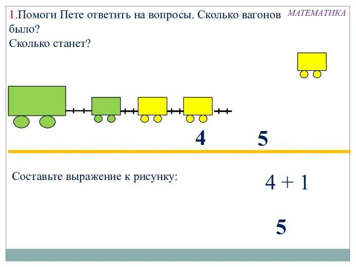 1.Помоги Пете ответить на вопросы. Сколько вагонов было? Сколько станет? 4