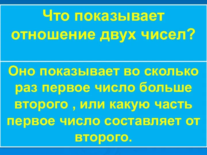 Что показывает отношение двух чисел? Оно показывает во сколько раз первое