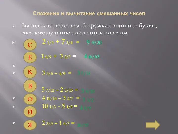 Сложение и вычитание смешанных чисел Выполните действия. В кружках впишите буквы,