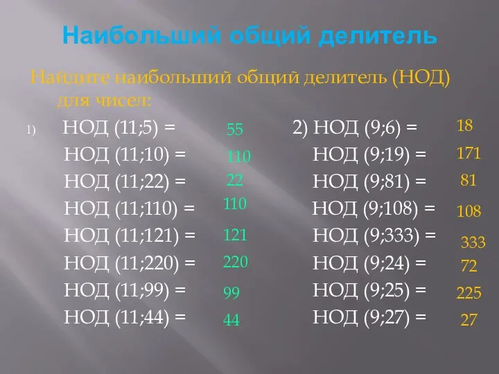 Наибольший общий делитель Найдите наибольший общий делитель (НОД) для чисел: НОД