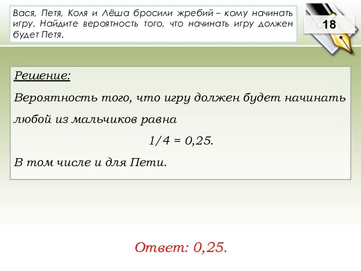 Вася, Петя, Коля и Лёша бросили жребий – кому начинать игру.