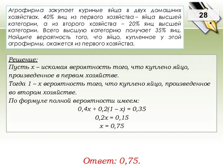 28 Решение: Пусть х – искомая вероятность того, что куплено яйцо,