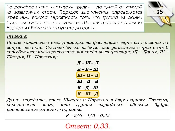 35 Решение: Общее количество выступающих на фестивале групп для ответа на