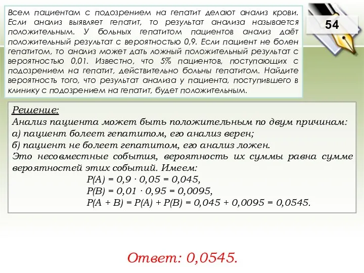Решение: Анализ пациента может быть положительным по двум причинам: а) пациент