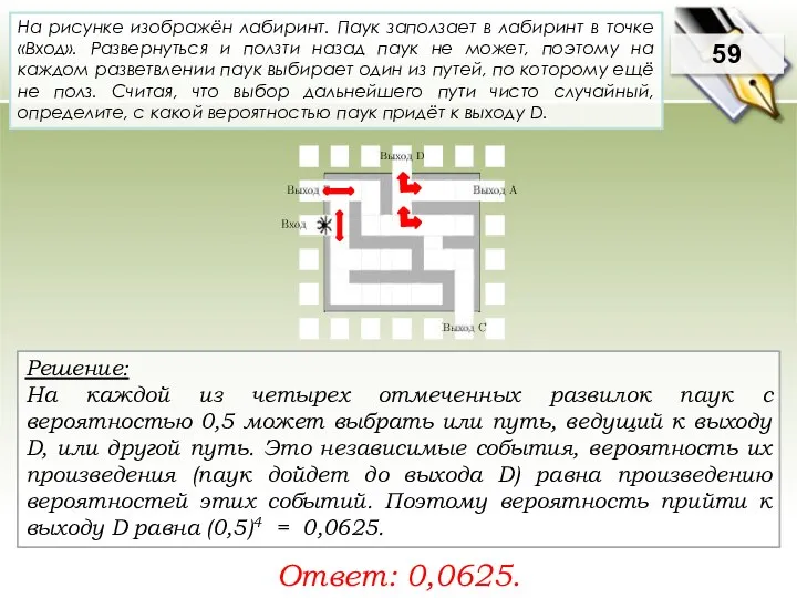 Решение: На каждой из четырех отмеченных развилок паук с вероятностью 0,5