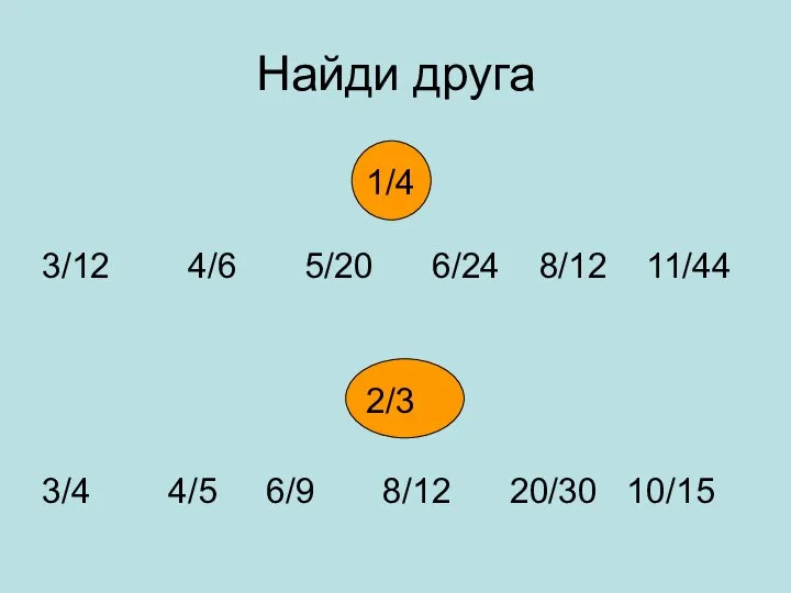 Найди друга 1/4 3/12 4/6 5/20 6/24 8/12 11/44 2/3 3/4 4/5 6/9 8/12 20/30 10/15