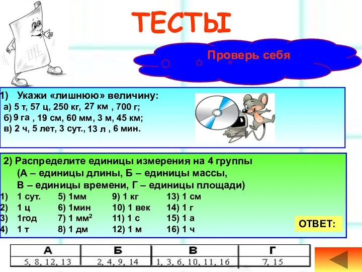 ТЕСТЫ Проверь себя Укажи «лишнюю» величину: а) 5 т, 57 ц,