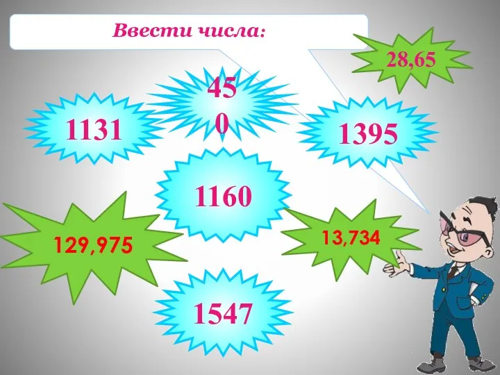 Ввести числа: 450 1131 1395 1160 1547 13,734 129,975 28,65