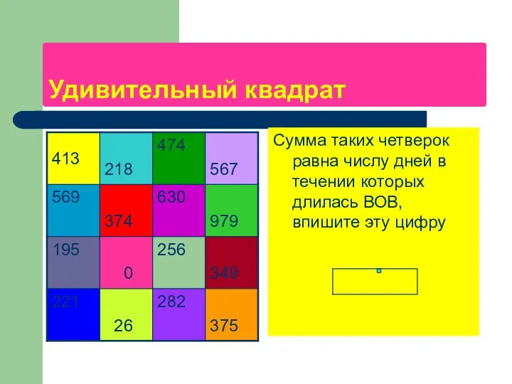 Сумма таких четверок равна числу дней в течении которых длилась ВОВ, впишите эту цифру Удивительный квадрат