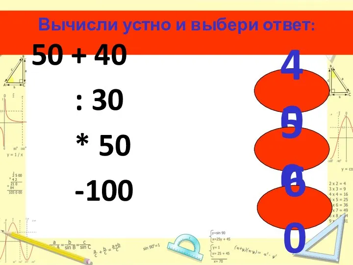 Вычисли устно и выбери ответ: 50 + 40 : 30 * 50 -100 40 50 60