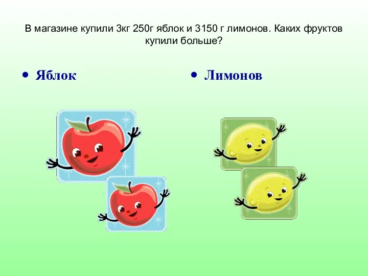 В магазине купили 3кг 250г яблок и 3150 г лимонов. Каких фруктов купили больше? Яблок Лимонов
