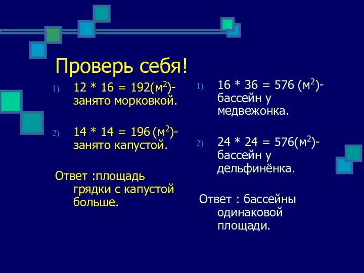 Проверь себя! 12 * 16 = 192(м2)-занято морковкой. 14 * 14