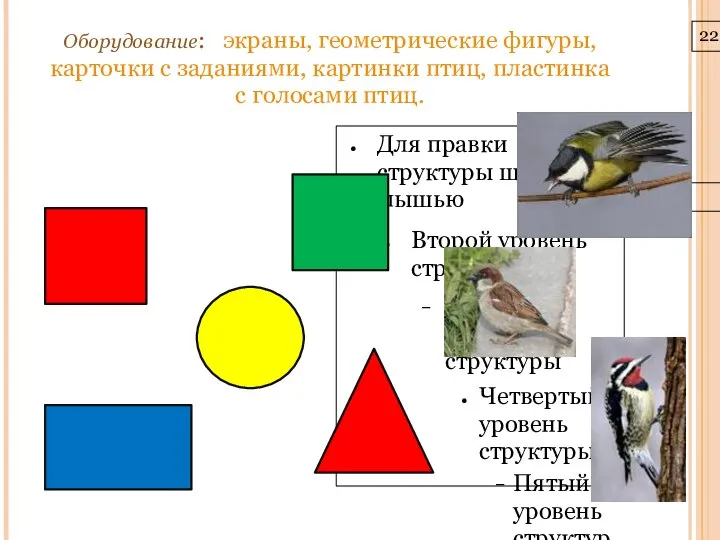 22.3.10 Оборудование: экраны, геометрические фигуры, карточки с заданиями, картинки птиц, пластинка с голосами птиц.