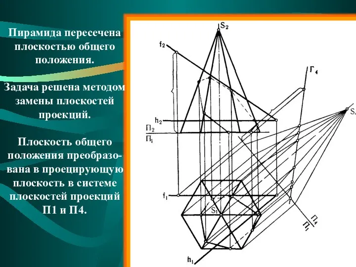 Пирамида пересечена плоскостью общего положения. Задача решена методом замены плоскостей проекций.