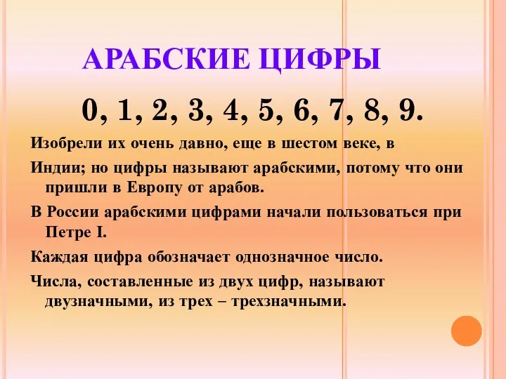 АРАБСКИЕ ЦИФРЫ 0, 1, 2, 3, 4, 5, 6, 7, 8,