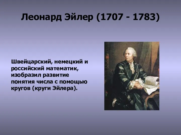 Леонард Эйлер (1707 - 1783) Швейцарский, немецкий и российский математик, изобразил