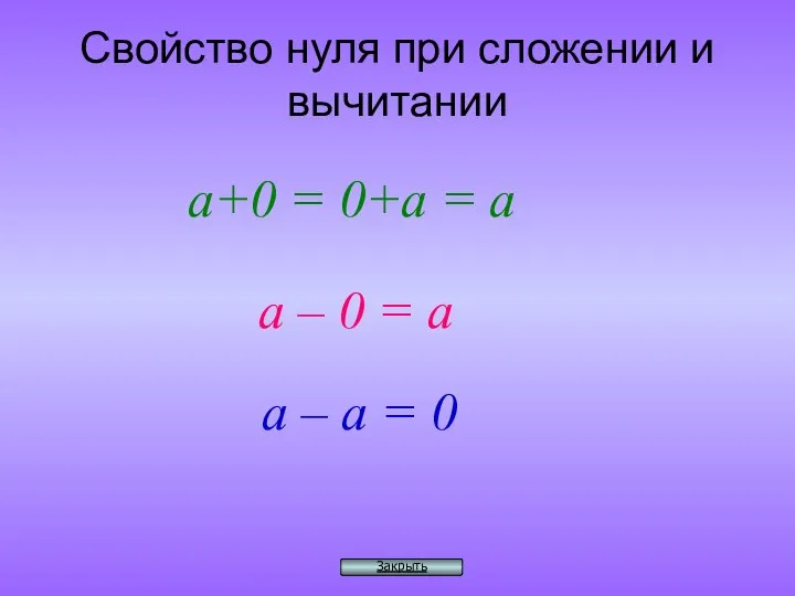 Свойство нуля при сложении и вычитании а+0 = 0+a = а