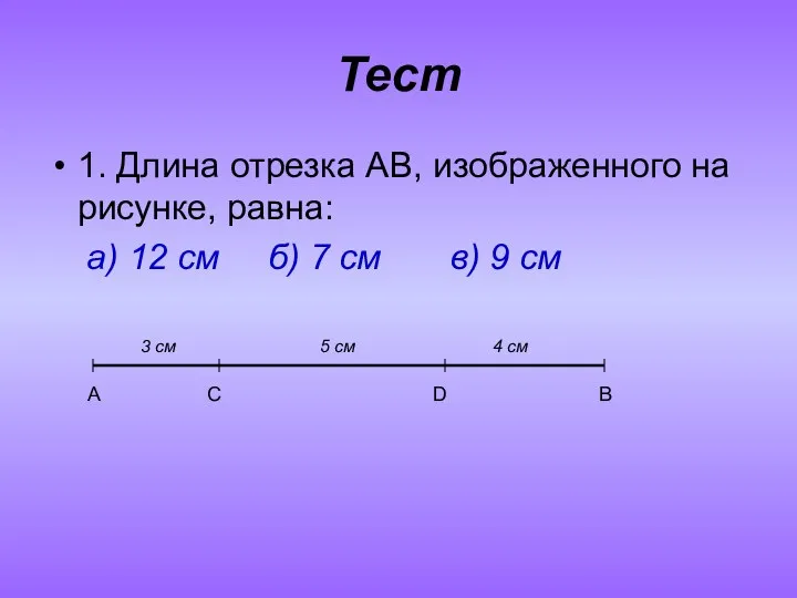 Тест 1. Длина отрезка AB, изображенного на рисунке, равна: а) 12