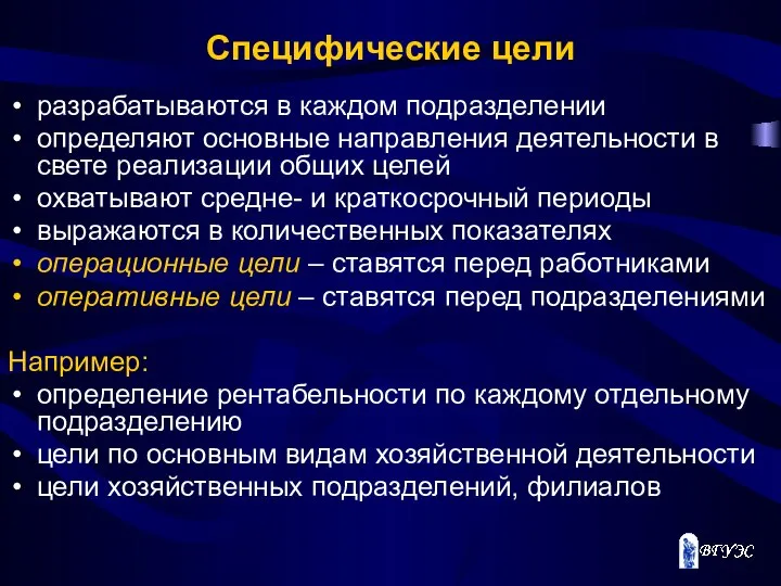 Специфические цели разрабатываются в каждом подразделении определяют основные направления деятельности в