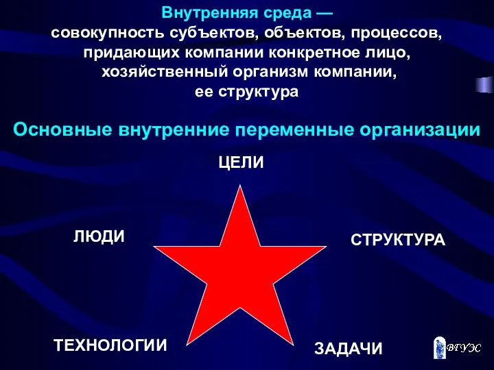 Внутренняя среда — совокупность субъектов, объектов, процессов, придающих компании конкретное лицо,