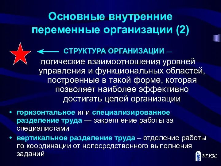 Основные внутренние переменные организации (2) СТРУКТУРА ОРГАНИЗАЦИИ — логические взаимоотношения уровней