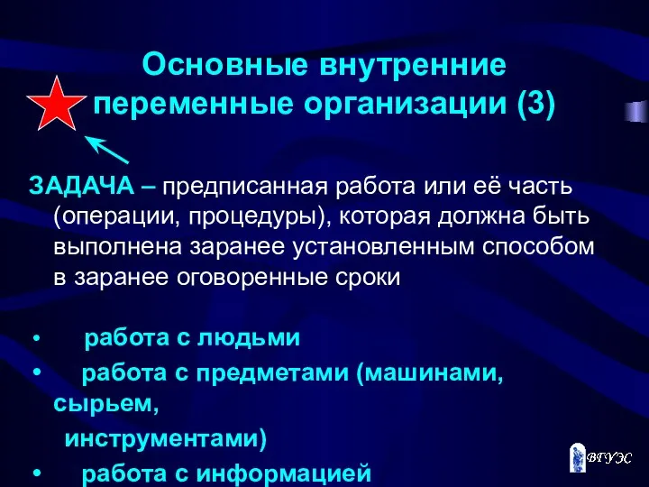 Основные внутренние переменные организации (3) ЗАДАЧА – предписанная работа или её