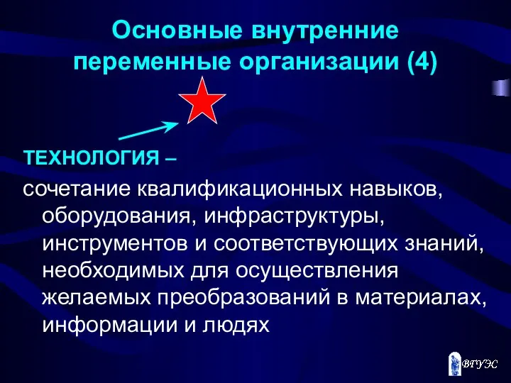 Основные внутренние переменные организации (4) ТЕХНОЛОГИЯ – сочетание квалификационных навыков, оборудования,