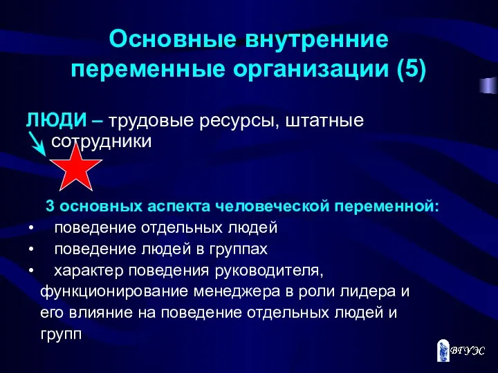 Основные внутренние переменные организации (5) ЛЮДИ – трудовые ресурсы, штатные сотрудники