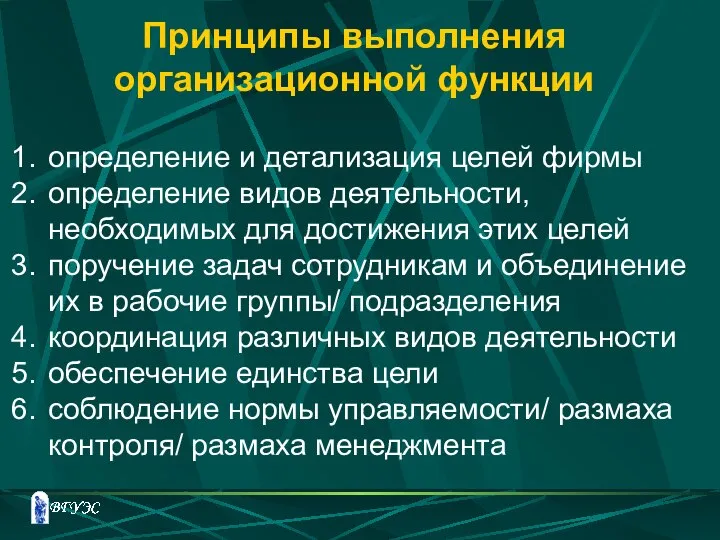 Принципы выполнения организационной функции определение и детализация целей фирмы определение видов