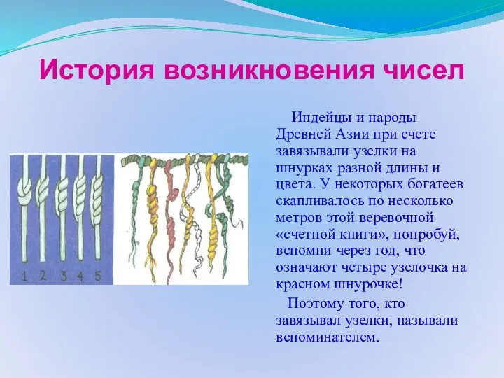 История возникновения чисел Индейцы и народы Древней Азии при счете завязывали