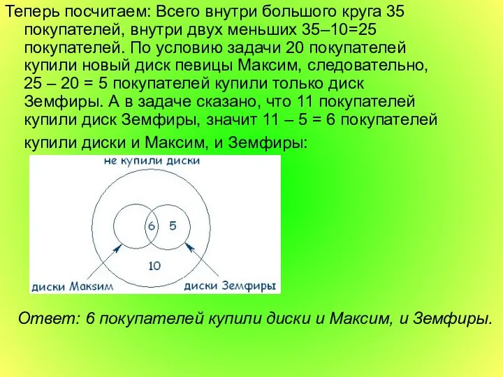 Теперь посчитаем: Всего внутри большого круга 35 покупателей, внутри двух меньших