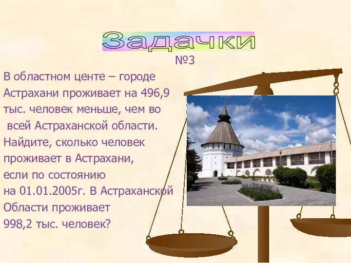 №3 В областном центе – городе Астрахани проживает на 496,9 тыс.