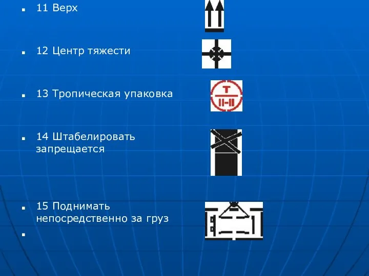 11 Верх 12 Центр тяжести 13 Тропическая упаковка 14 Штабелировать запрещается 15 Поднимать непосредственно за груз