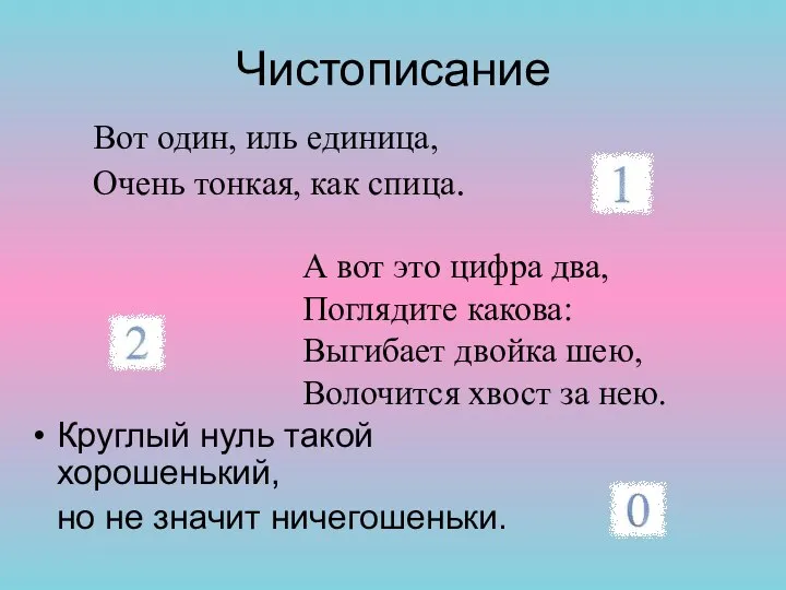 Чистописание Круглый нуль такой хорошенький, но не значит ничегошеньки. Вот один,