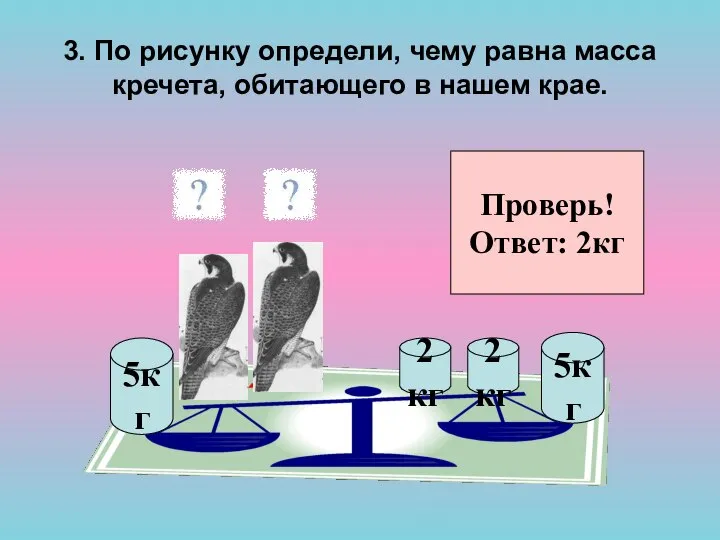 3. По рисунку определи, чему равна масса кречета, обитающего в нашем крае. Проверь! Ответ: 2кг