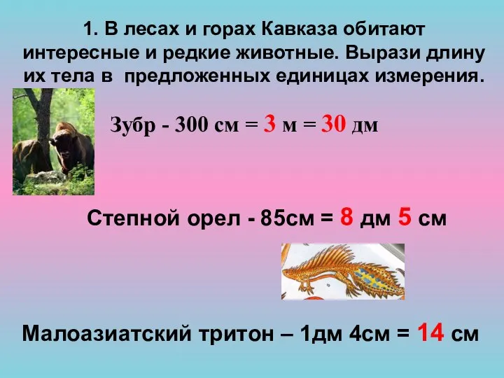 1. В лесах и горах Кавказа обитают интересные и редкие животные.