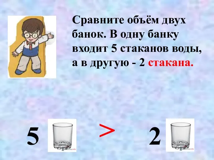 Сравните объём двух банок. В одну банку входит 5 стаканов воды,