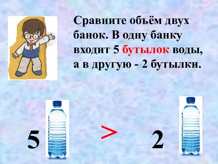 Сравните объём двух банок. В одну банку входит 5 бутылок воды,