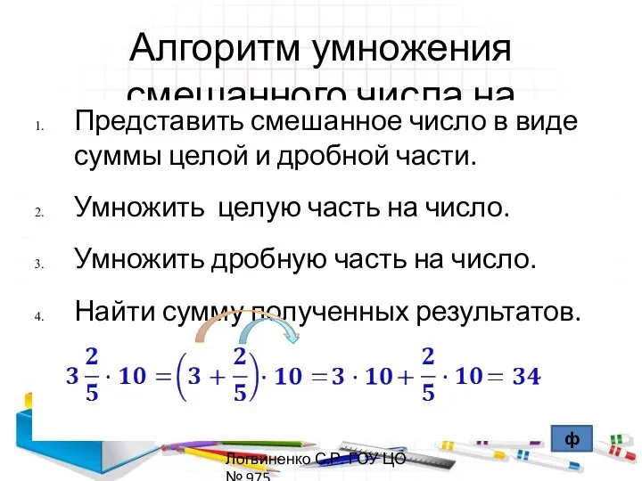 Алгоритм умножения смешанного числа на натуральное число: Представить смешанное число в