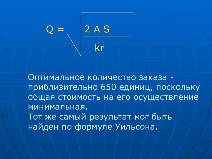 Q = 2 A S kr Оптимальное количество заказа - приблизительно