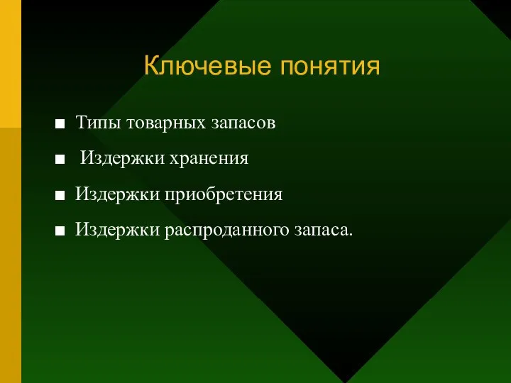 Ключевые понятия Типы товарных запасов Издержки хранения Издержки приобретения Издержки распроданного запаса.