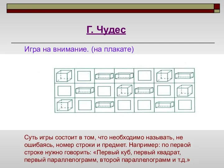 Г. Чудес Игра на внимание. (на плакате) Суть игры состоит в