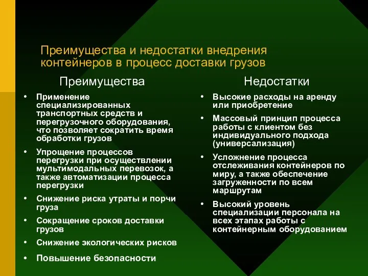 Преимущества и недостатки внедрения контейнеров в процесс доставки грузов Преимущества Применение