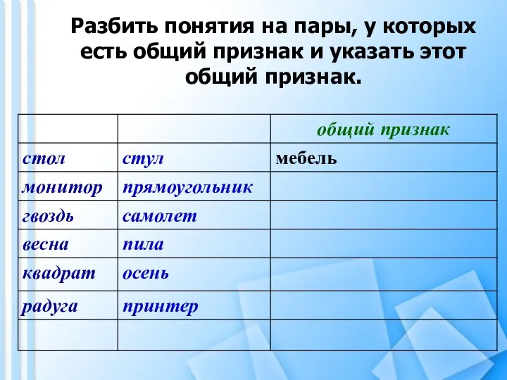 Разбить понятия на пары, у которых есть общий признак и указать этот общий признак.