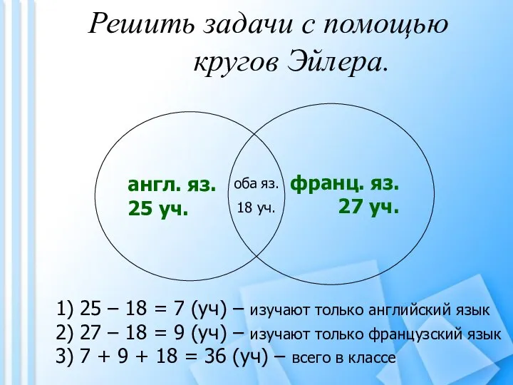 Решить задачи с помощью кругов Эйлера. 1) 25 – 18 =