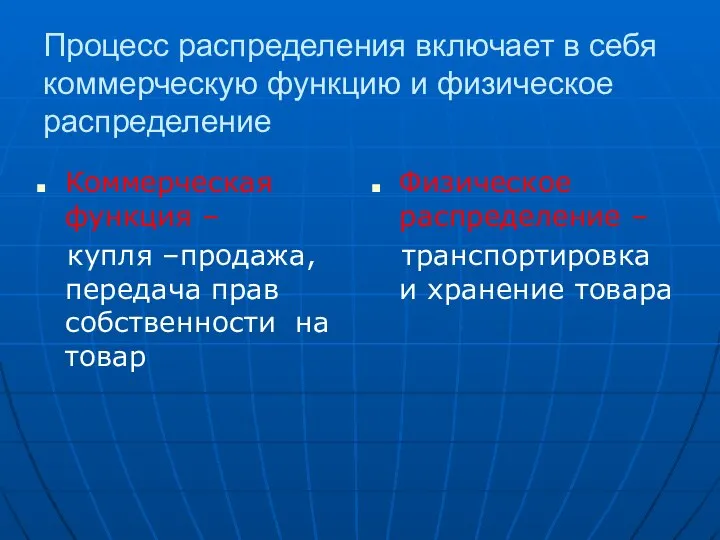 Процесс распределения включает в себя коммерческую функцию и физическое распределение Коммерческая