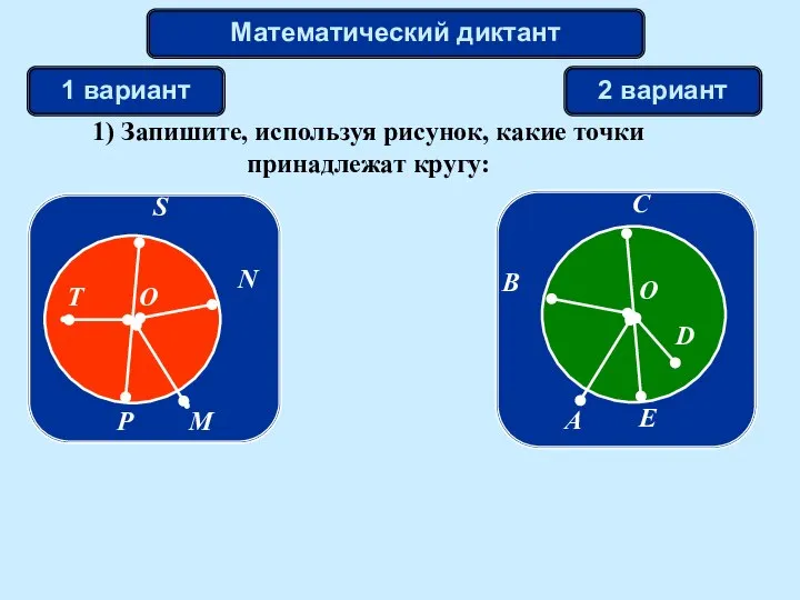 Математический диктант 1 вариант 2 вариант 1) Запишите, используя рисунок, какие точки принадлежат кругу: