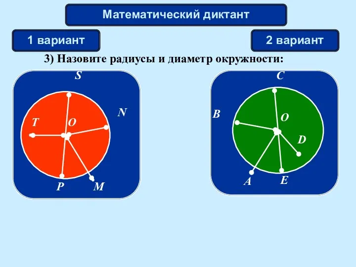 Математический диктант 1 вариант 2 вариант 3) Назовите радиусы и диаметр окружности: