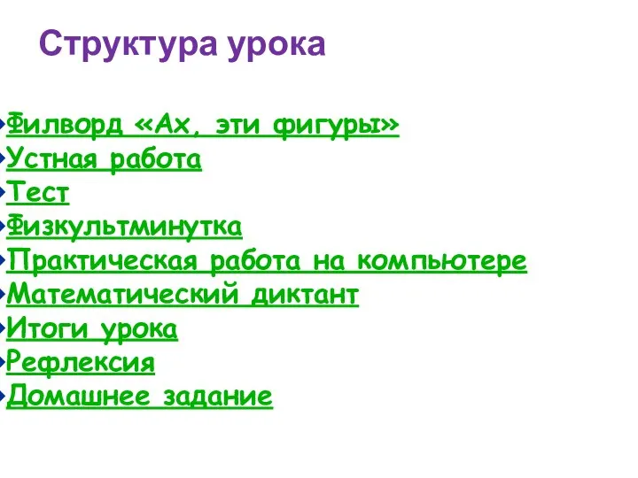 Структура урока Филворд «Ах, эти фигуры» Устная работа Тест Физкультминутка Практическая